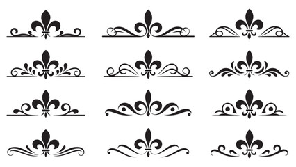Fleur de Lis Ornamental Scroll Dividers Set, Elegant Vintage Flourish Border Design with Lily Corner Ornaments, Black and White Vector Line Art © Ibrahim