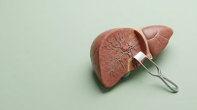 Anatomical Cross Section of Human Liver with Surgical Tool