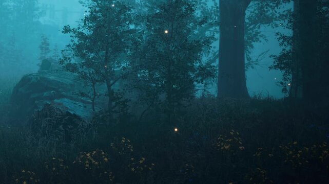 A forest scene shows trees and rocks surrounded by mist. Soft lights glow in the background, creating a mysterious mood during the evening. The atmosphere feels serene with nature all around.