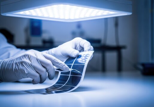 Gloved hands carefully bend a thin, flexible solar panel under a bright laboratory light to test durability and energy efficiency levels, photovoltaic cell, ecology, future technology