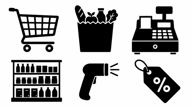 Set of flat black retail and supermarket shopping icons