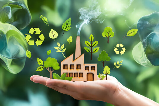 A hand cradles a small house surrounded by trees and recycling symbols, representing eco-friendly living and sustainability.