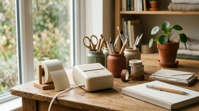 Portable thermal printer on a wooden desk with stationery supplies. Compact label maker for office organization and creative craft projects. Aesthetic workspace decor and equipment.