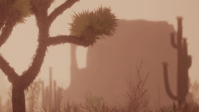 A desert scene shows a tree and cacti in the foreground with rocky formations in the background. The sun sets, creating a soft lighting effect in the sky.