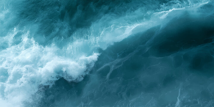 Powerful stormy ocean waves crashing against rocky coast under dramatic sky, blue sea with foam, surf and intense motion