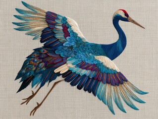 Fototapeta premium A vibrant embroidered blue crane with spread wings on textile background
