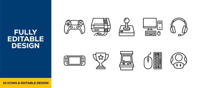 Black ink scribble video games and console controller icon set bundle featuring hand drawn doodle sketch vector illustrations for tech media and gaming app branding design art.