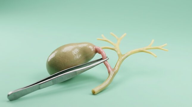 Medical illustration of gallbladder with surgical forceps clamping duct