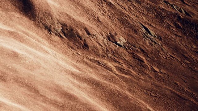 The scene shows the surface of a planet with different textures and colors. The setting is bright, revealing rocky and smooth areas. The time appears to be during daylight.