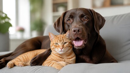 Plakat A touching scene of a brown labrador retriever snuggling with an orange tabby cat on a warm and inviting sofa highlighting the special connection between pets in a cozy home environment