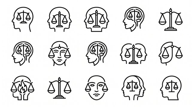 Scales of justice icons with human head outlines, symbolizing fairness, equality, and moral reasoning in minimalist vector style.