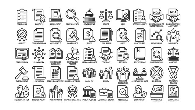 Compliance and regulatory icons set including law ethics standards policies regulations and business agreement symbols for governance and risk management  business concept