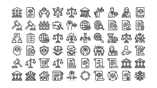 Law and justice icons set with scales gavel documents people and buildings in simple line style on white transparent background