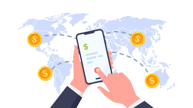 vector illustration of Hands holding a smartphone showing a payment screen with dollar icon and coins over a world map, illustrating global money transfer, mobile banking and online payment.