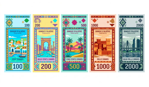 Algerian Dinar banknotes vertical vector illustration set.