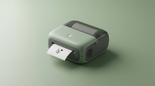 Green portable thermal printer printing paper with leaf and heart drawing. Small mobile device for creative hobby, scrapbooking and organization. Modern office gadget for label creation.