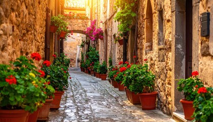 Obraz premium Charming Italian Cobblestone Alleyway Bathed in Golden Sunlight, Adorned with Vibrant Flowers and Lush Greenery