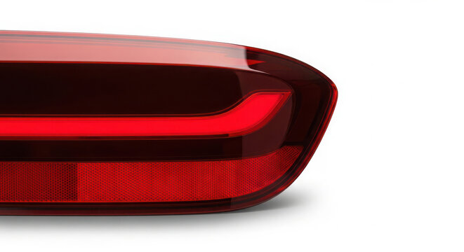 Modern car rear lamp featuring illuminated red LED light bar with integrated reflector element, showcasing automotive design on white background. on white background