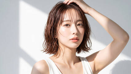 Fototapeta premium 強い斜めの自然光と白い壁の影を背景に髪へ手を添えて見つめるブラウンヘアの若い日本人女性の洗練された美容ポートレート