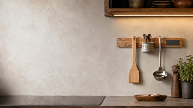 Organized kitchen countertop and utensils in minimal home cooking interior