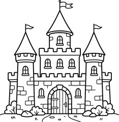 Fototapeta premium Medieval stone castle fortress coloring page for children activity