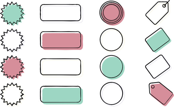 Retro pop art price tag vector set with misaligned pastel color blocks thick black outline retail labels and starburst sale stickers collection