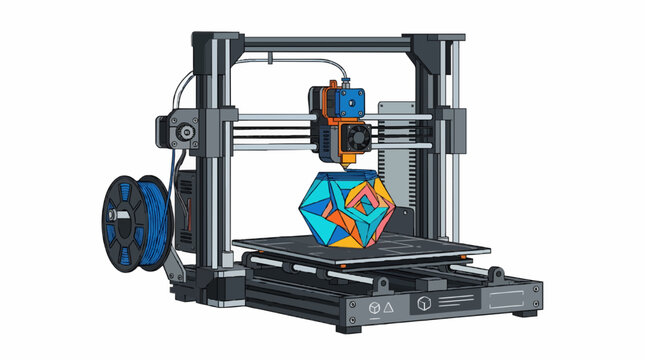Desktop 3D printer creating colorful geometric object
