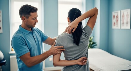 Fototapeta premium Physical therapist examining a patients upper back and shoulder.