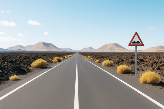 Desert road with yellow bushes, distant mountains, and bumpy road warning sign under clear blue sky in minimal creative light concept background.