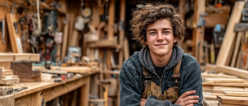 A young carpenter smiles confidently in a cluttered workshop, with a blurred background of tools and lumber highlighting craftsmanship.