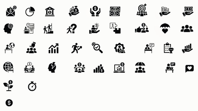 collection of business and finance related icons on white background