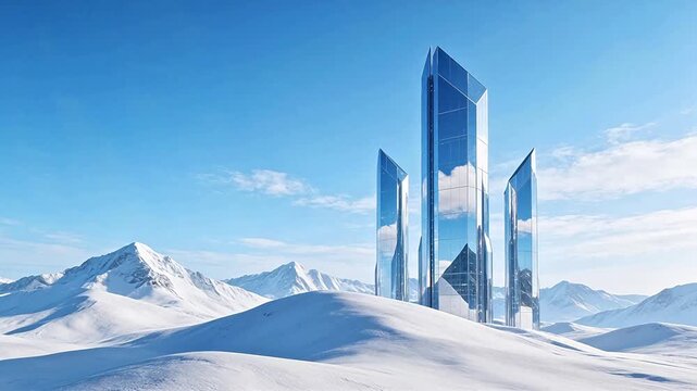 Futuristic towers in snowy mountain landscape