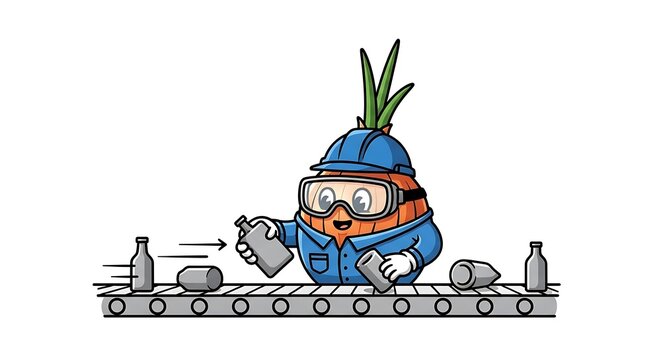 Cartoon train conductor with green plant on hat.