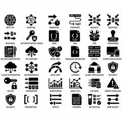 A comprehensive collection of black and white icons representing various concepts and components related to Application Programming Interfaces (APIs) and web development. © Pegi