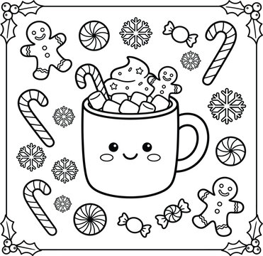 Festive christmas kawaii elements and hot cocoa colouring page