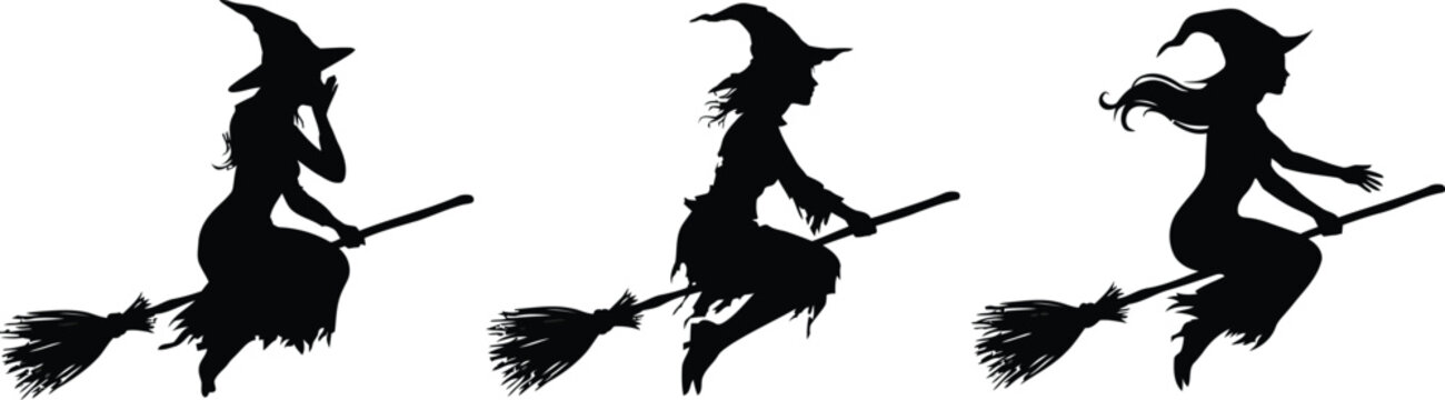 Three flying witches silhouette on white background for halloween