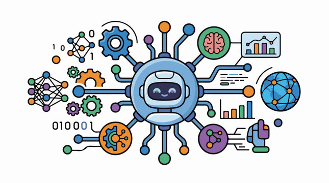 Cute robot connected to brain gears binary globe and charts