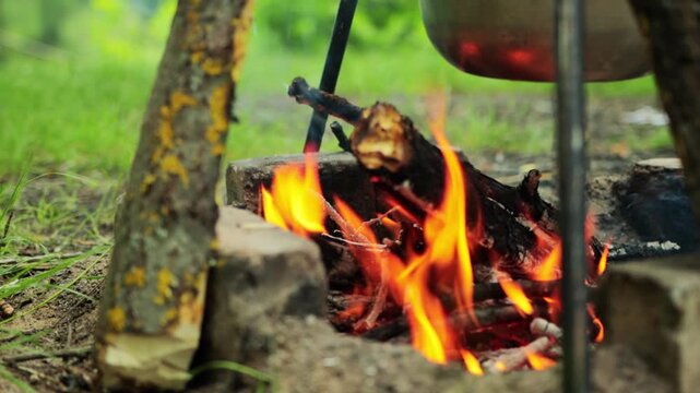 Campfire with vivid orange flames burning wood logs, a metal cooking pot hanging above fire, outdoor scene of traditional wilderness cooking, preparing food on open flame, warmth and light of nature.
