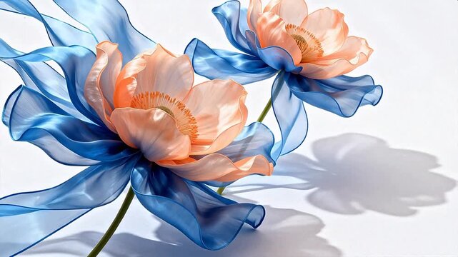 Blue and peach fabric flowers with shadows