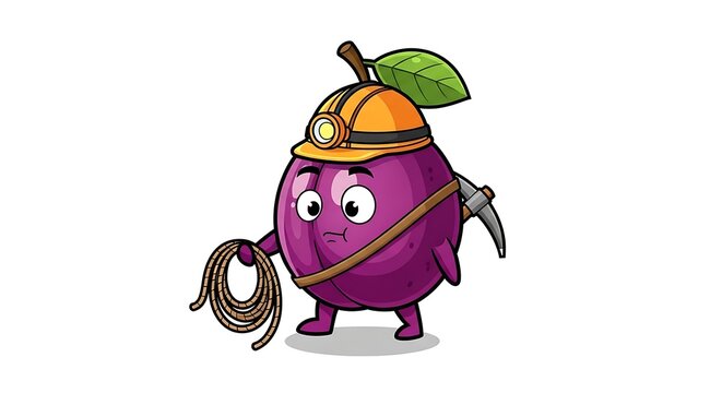 Cartoon purple dragon with green hat and backpack.