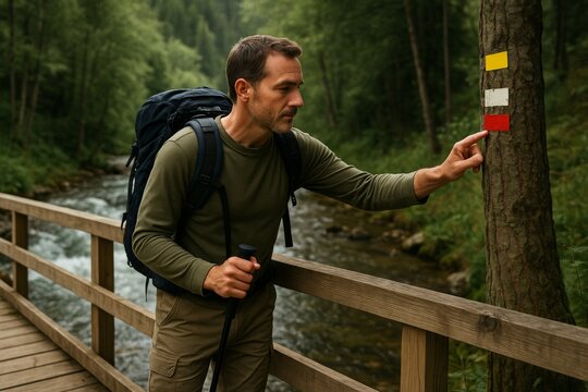 Male hiker checking trail signs on a tree while crossing wooden bridge in lush green forest with river flowing in the background. Ai generative