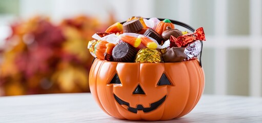 Fototapeta premium In an autumn setting, a bright orange pumpkin container overflows with a variety of Halloween sweets and chocolates.