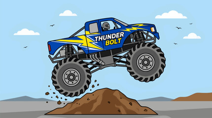 Flat Vector Illustration of Blue Monster Truck with Yellow Lightning Bolt Graphic Jumping Over Dirt Mound, Driver in Helmet Visible, Clear Sky Background © orbit