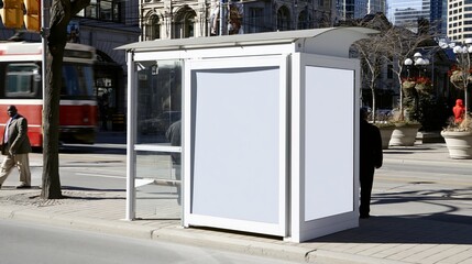 Obraz premium Blank Toronto bus shelter advertising display mockup. Blank white billboard poster display provides copy space at a downtown bus stop