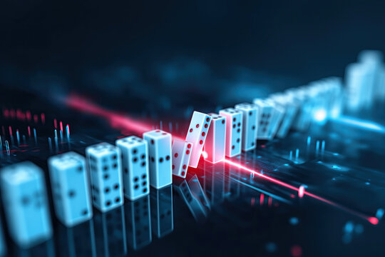 Falling white dominoes marked with red dots are struck by glowing laser beam above dark financial chart backdrop.