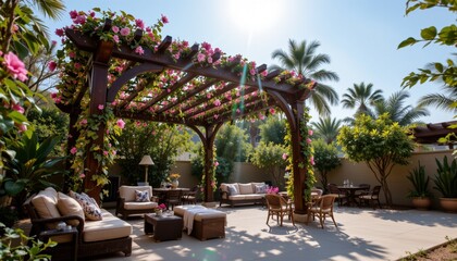 Obraz premium Luxurious outdoor lounge in lush tropical oasis with pergola, vines, and soft lighting