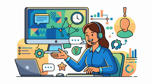 Customer service agent assisting client with headset and computer interfaces
