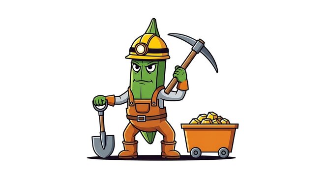 Cartoon lumberjack with axe and log pile.