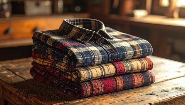 Stack of well-worn plaid flannel shirts in warm, autumnal colors