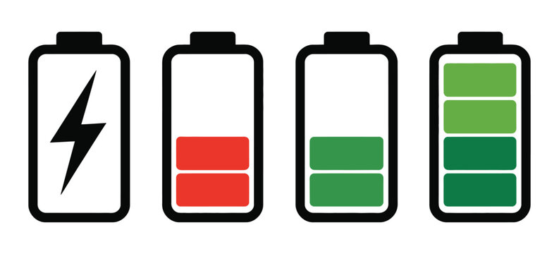 charging battery icons illustrating low power, empty battery, and full charge levels for clean user interface design.